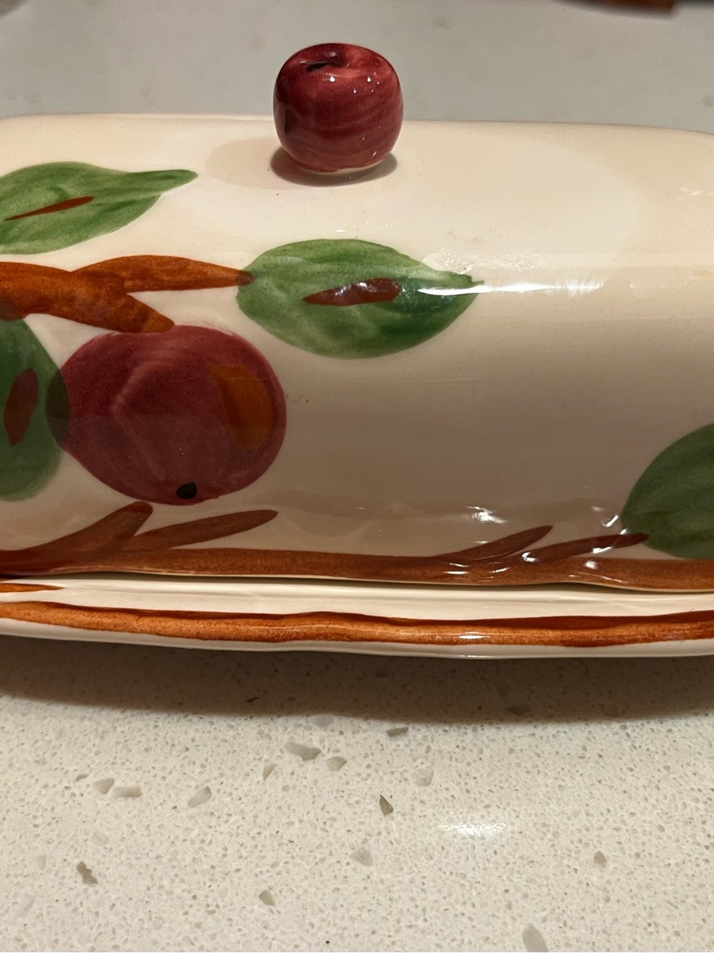 Franciscan Apple theme Covered Butter Dish in Cream with Red